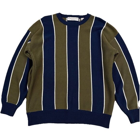 John Ashford VTG 90s Sweater Mens Large Green Blue Vertical Stripe Cotton Heavy - Picture 1 of 8